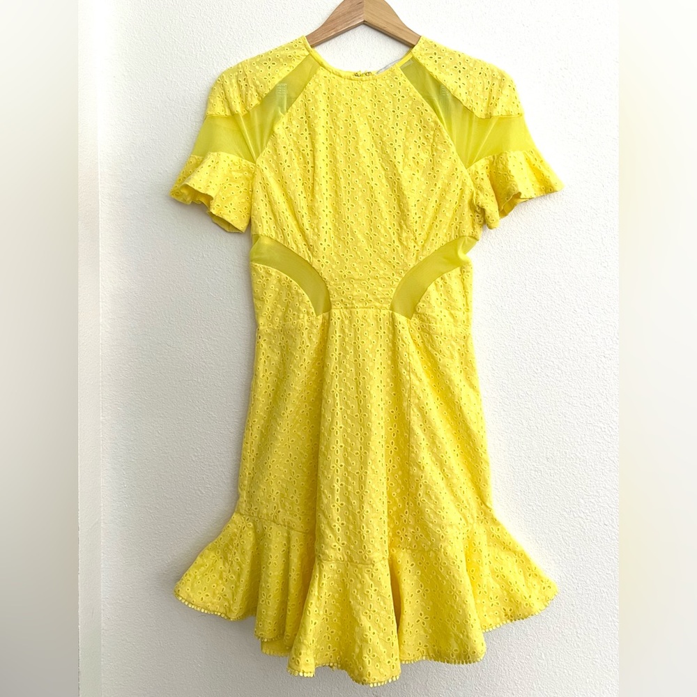 Karina Grimaldi Lila Eyelet Mini Dress Yellow Mesh Cut Outs